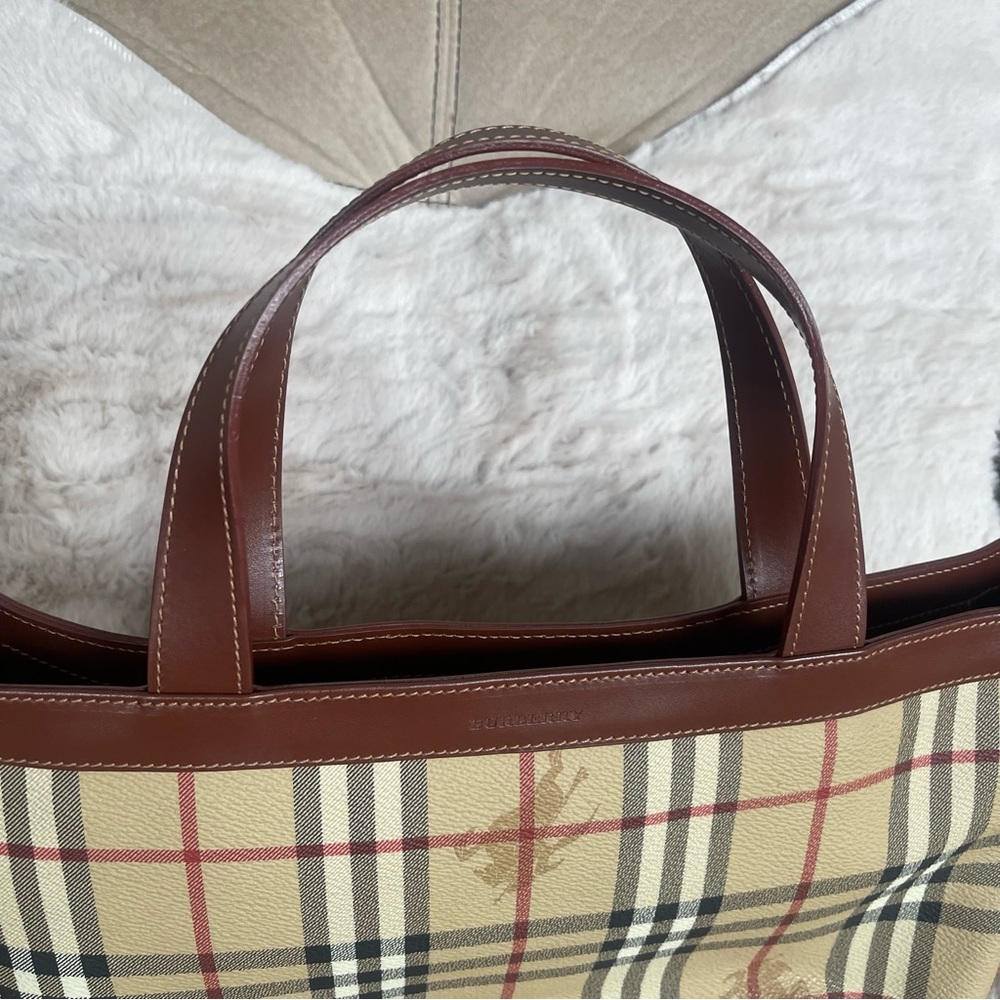 Burberry Tan Plaid Canvas Tote with Brown Leather Handles - Picture 11 of 11